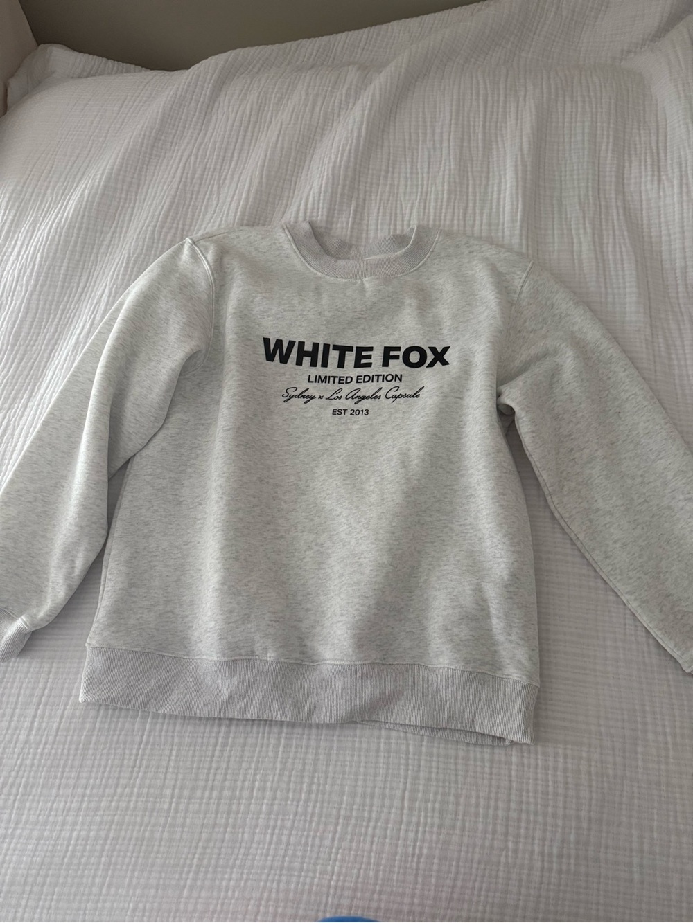 White Fox Boutique Light Gray Crewneck Sweatshirt with Black Logo
